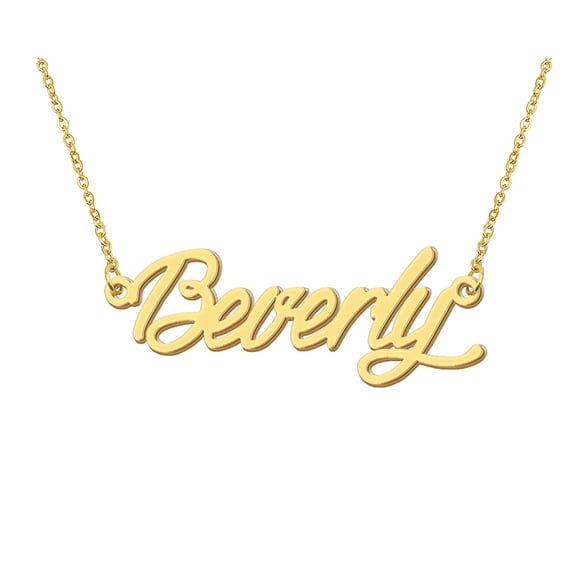 HUAN XUN 18k Gold Plated Beverly Name Necklace Stainless Steel Nameplate Necklaces for Womens Mens Mother Day Christmas Jewelry Gift