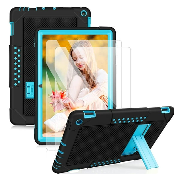 Mignova for Fire HD 10 Case,Heavy-Duty Drop-Proof Shock-Resistant Rugged Protective case(with Stand) for All-New Amazon Fire HD 10&Fire HD 10 Plus(11th Generation, 2021 Release (Black/Blue+2 Pack)