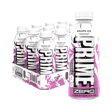 Prime Hydration Zero Sports Drink, Grape Ice, 16.9 fl oz, 12 Pack, Bottles