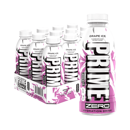 Prime Hydration Zero Sports Drink, Grape Ice, 16.9 fl oz, 12 Pack, Bottles