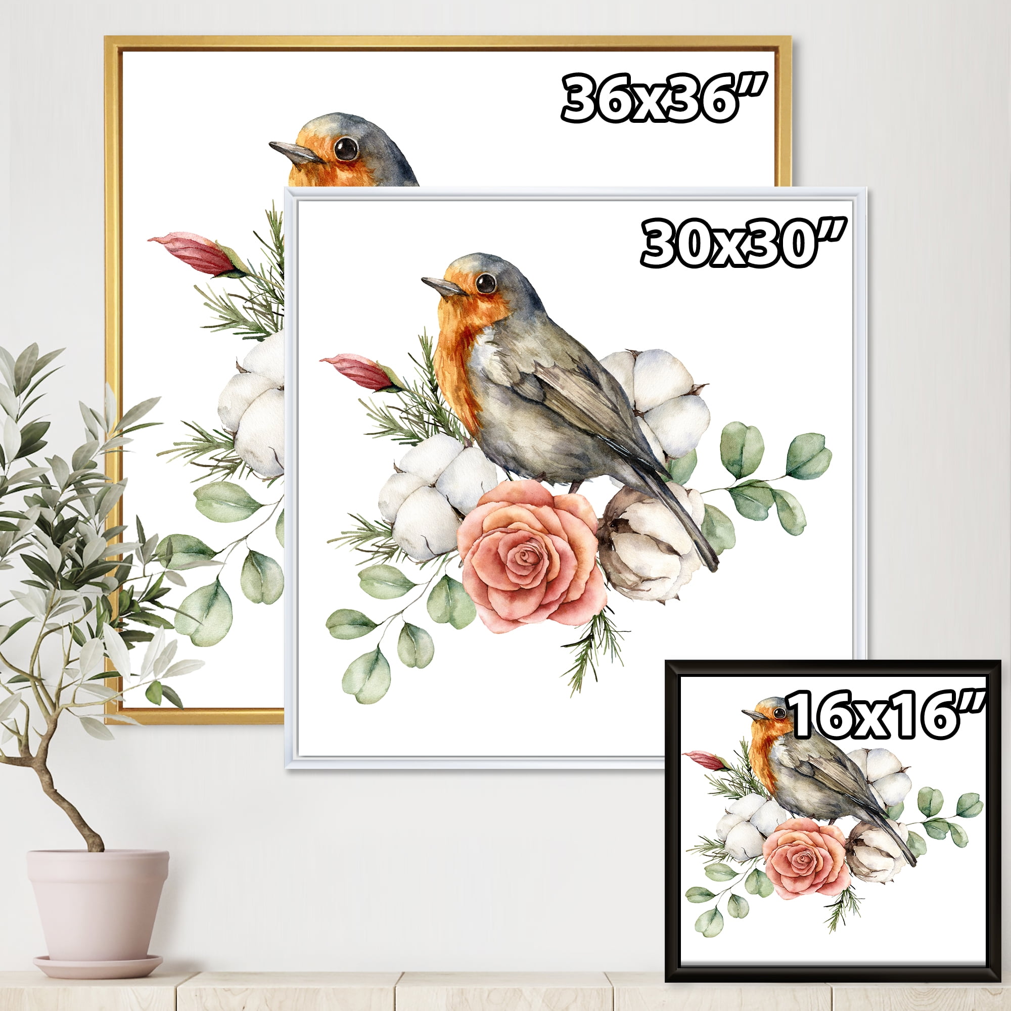 Cotton Rose and Leaves With Robin Redbreast 36 in x 36 in Framed Painting Canvas Art Print, by Designart