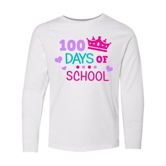 Inktastic 100 Days of School in Pink and Purple with Crown Long Sleeve Youth T-Shirt