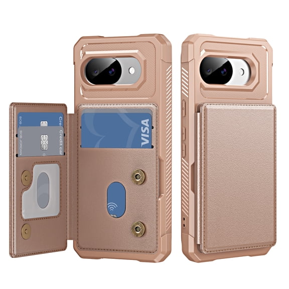 ELEHOLD For Google Pixel 10A Wallet Case, Shockproof Rugged PC TPU Flip Kickstand Card Slots Cover , Rosegold