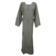 Mogul Maxi Dress Button Front Grey Full Sleeves Stonewashed Tunic Evening Gown Dresses