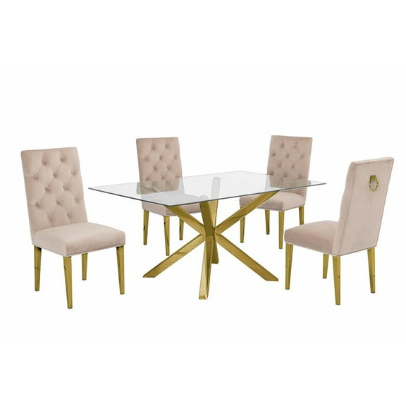 63"x 39" Rectangular Clear Glass 5pc Dining Set with Gold Stainless Steel