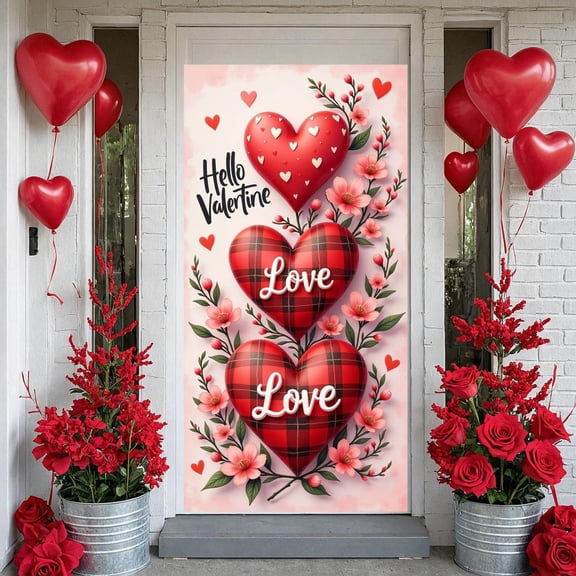 Red Heart Valentine Banner Plaid Pattern Love Display Pink Flowers Love Lettering Heart Backdrop for Valentine's Day Party Romantic Date Anniversary Celebration