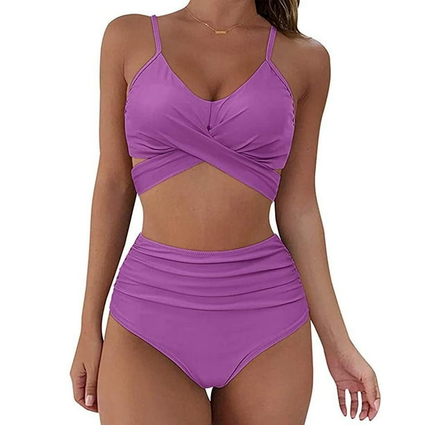 Sunloudy - Traje de baño de dos piezas para mujer, tops de bikini con tirantes finos de color sólido + bragas de bikini con estampado de leopardo Sunloudy S M L XL XXL
