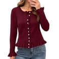 thumbnail image 3 of Women's Casual Fashion Solid Color Short Sweater Ruffled Top for Fall Winter Feminine Touch,Wine,S, 3 of 7