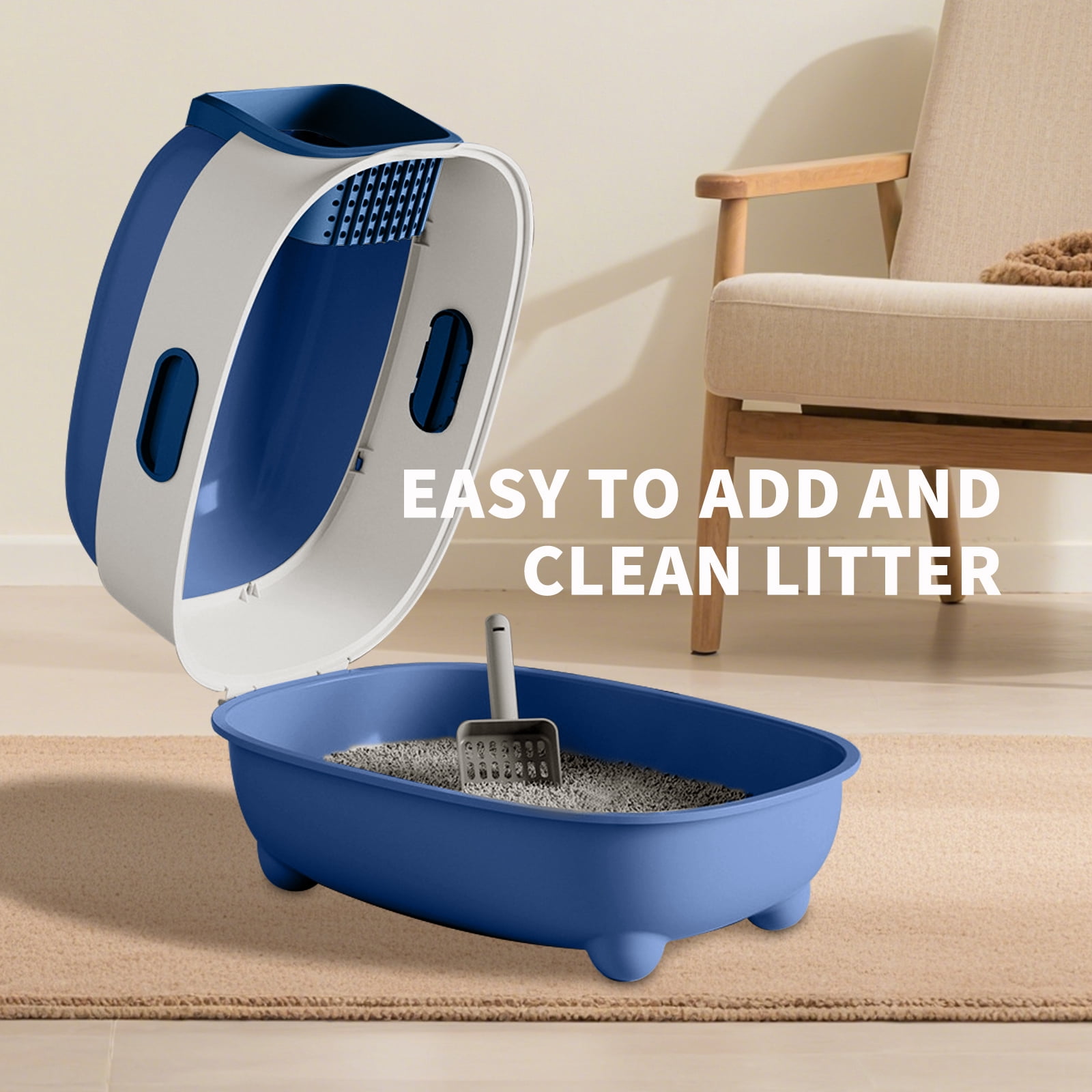 Open Design Transparent Cat Litter Box, Large Spacious Easy Entry Pet Litter Pan with Free Litter Scoop, Modern Sleek Decorative Ventilated Cat Toilet Durable Safe for Indoor Cats