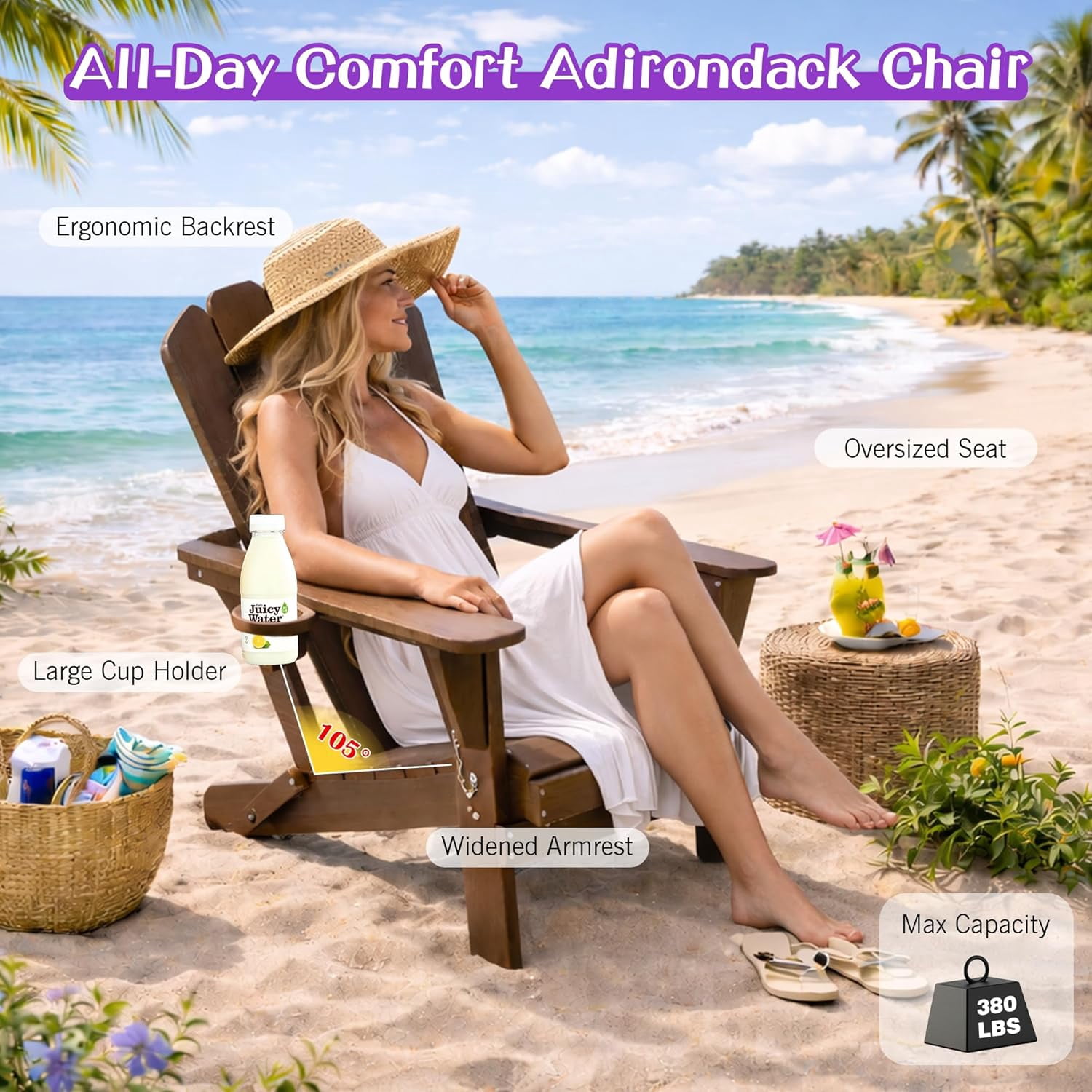 Domi Outdoor Living Folding Adirondack Chair, All-Weather HDPE Patio Chair with Cup Holder, Weather-Resistant Fire Pit Seating for Backyard, Deck, Garden & Poolside, Brown