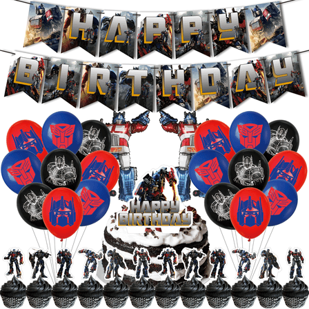 34 Pcs For Optimus Theme For Prime Birthday Party Transformers Decorations,With 1 Happy Birthday Banner Garland,2 Foil Balloons,13 Cupcake Toppers,18 Balloons for Party Supplies