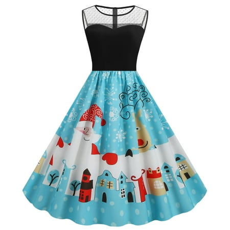 

jsaierl Christmas Dresses for Women Sleeveless Lace Crewneck Tea Dress Holiday Graphic A Line Dresses Winter Patchwork Party Dress Christmas Gift for Women