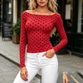 thumbnail image 5 of hoksml Women's Polka Dot Off Shoulder Long Sleeve Top Stretch Slim Fitted Boat Neck Y2K Blouse, 5 of 6