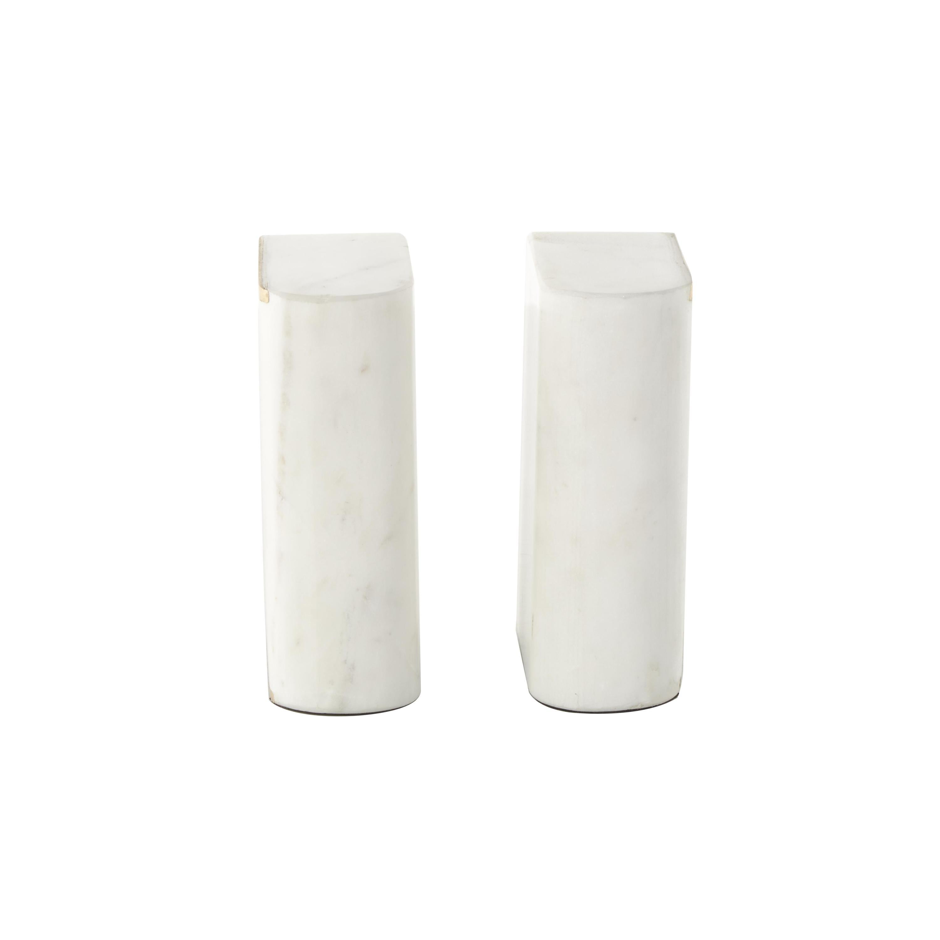DecMode 4" Curved Rectangular White Marble Bookends with Gold Accents (Set of 2)