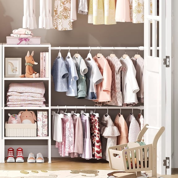 Small Closet System with Shelves, 5FT-8FT Closet Organizer System, Wooden Shelves for Closet with 2 Hanging Rods, Walk-in Closet Organizer, Adjustable Wardrobe Clothes Rack, Garment Rack, Pure White