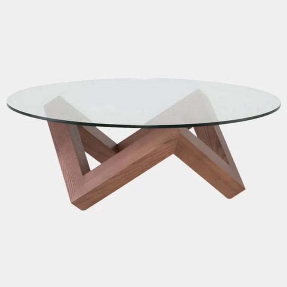 Como Round Coffee Table with Walnut stained ash base w/ Clear tempered glass top