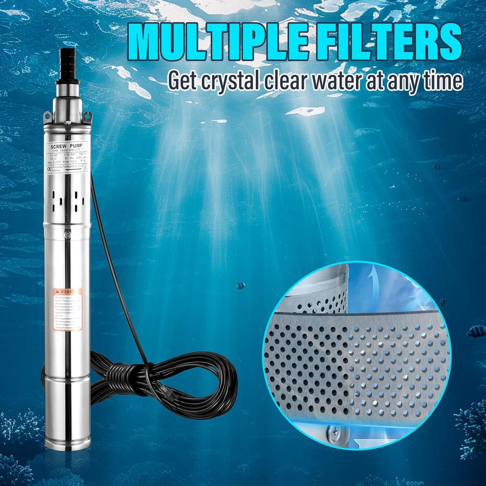 1HP Deep Well Submersible Pump, 110V/60Hz, 164ft Head, 3" Stainless Steel, 49ft Copper Cord - for Irrigation, Home & Industrial Use