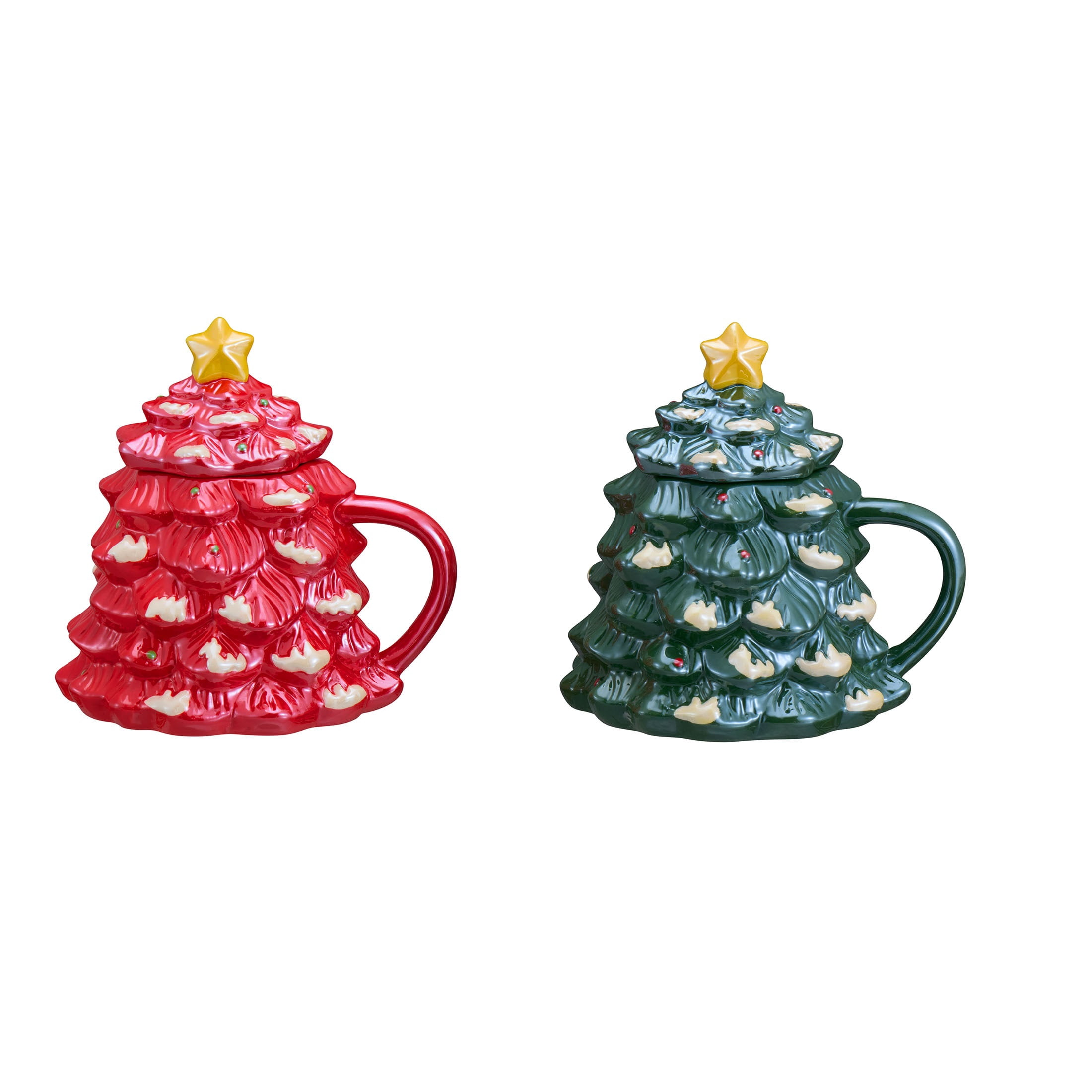 Holiday Time 14-oz Holiday Tree Glazed Stoneware Ceramic Mug with Lid, 2 Pack, Multicolor