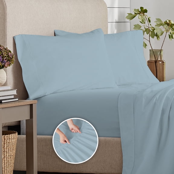Purity Home 100% Organic Cotton Queen Aqua Percale Bedsheet set, 300 Thread Count Breathable, Super Soft, & Cozy 4-Piece Set