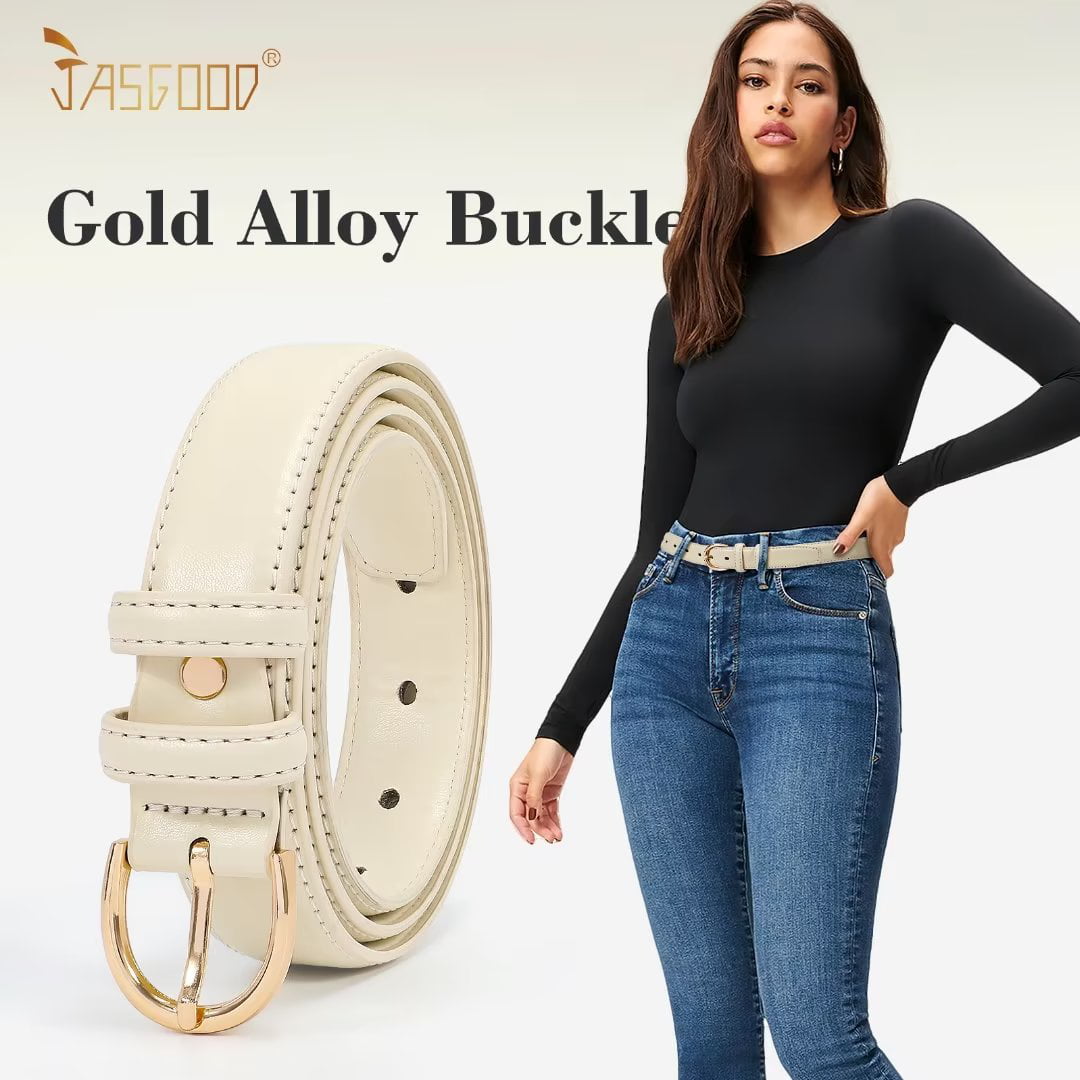 JASGOOD Women Leather Belt for Jeans Pants Gold Buckle Lady Casual Dress  Waist Belt