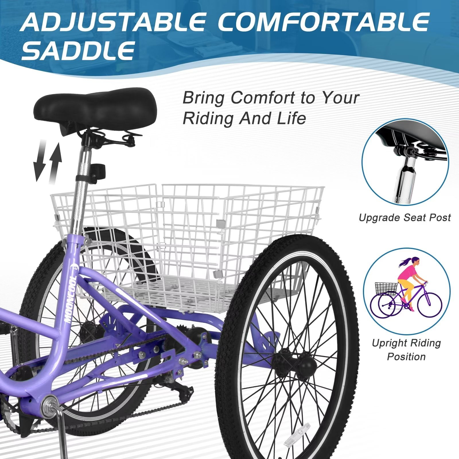 MOPHOTO 20/24/26 inch Wheels 7 Speed Adult Tricycle Adult Seat Adjustable with Low-Step Through Frame, Cruiser Trike for Women Men Support 350 bls with Big Basket for Shopping, Exercise
