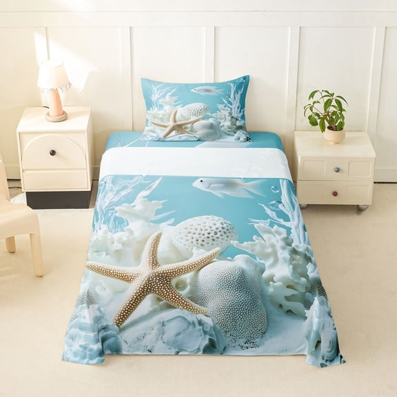 Manfei Kawaii Starfish Twin Sheets,Cute Sea Plant Bedding,White Blue,3-Piece,1 Fitted Sheet and 1 Pillowcase