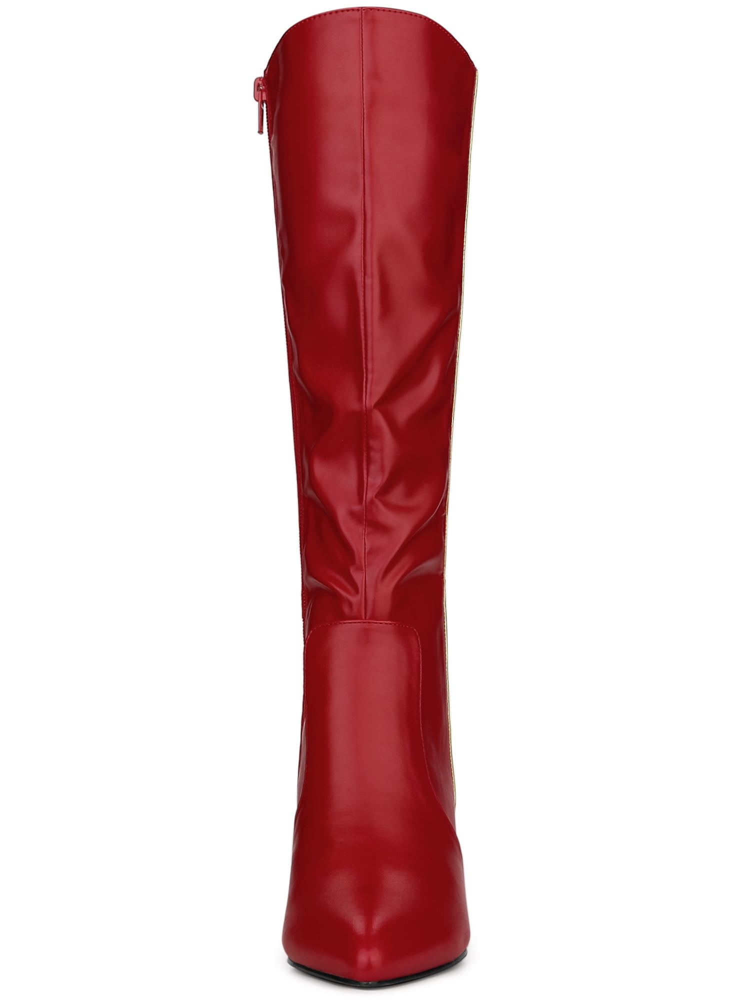 DARING DIVA Women's Pointy Toe Buckle Stiletto Heel Black Knee High Boots Red 9