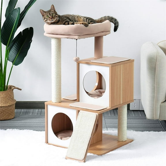Pefilos 35" Cat Tree Houses for Indoor Cats Wooden Cat Tower Featuring 2 Condo, Removable Soft Perches Kittens, Beige