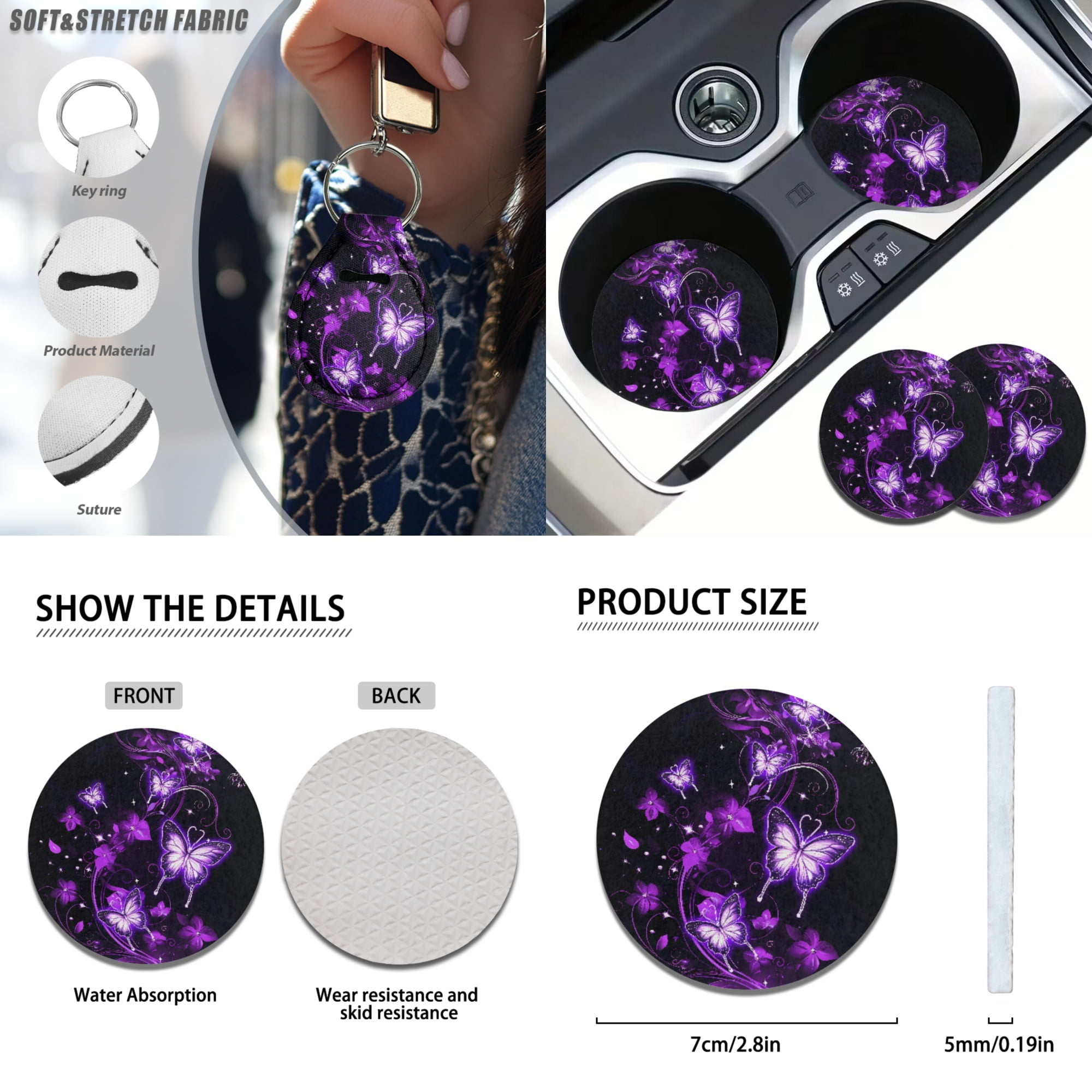Jeiento Butterfly Car Seat Cover Full Set Car Floor Mats Steering Wheel Cover Seatbelt Pad Armrest Cover Coaster Keychains Chapstick Holder 17 Pack Auto Interior Accessories, Purple