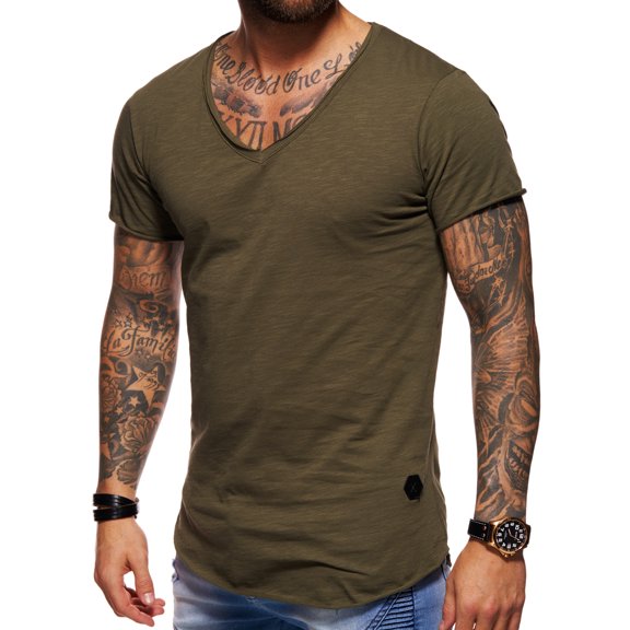 Behype. Men's Basic V-Neck Casual Fashion Hipster T-Shirt Longline Tee D-1702 (Green,M)