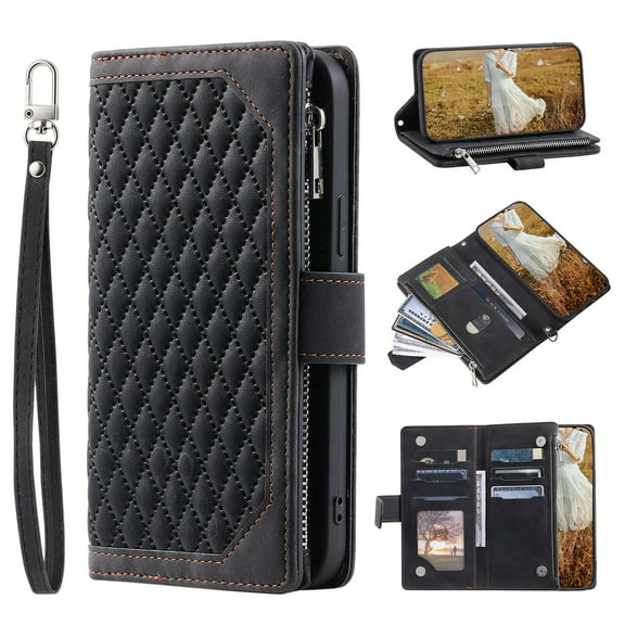 Premium Wallet Case for Samsung Galaxy S25 Plus, Card Holder Lanyard & Crossbody Strap Zipper Pocket Kickstand Heavy Duty Protection Case Cover for Samsung Galaxy S25 Plus, Black