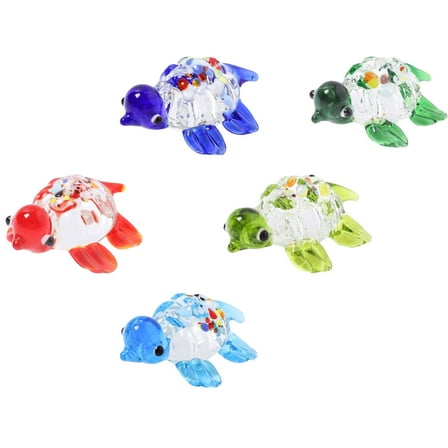 Collectible Glass Sea Turtle Figurines - Set of Five Mini Handmade Blown Glass Turtle Collectible Figurines Art Glass Turtle Ornaments Shelf Home Office Farm Centerpiece Decor