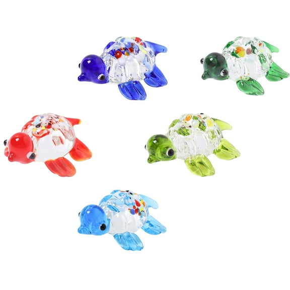 Collectible Glass Sea Turtle Figurines - Set of Five Mini Handmade Blown Glass Turtle Collectible Figurines Art Glass Turtle Ornaments Shelf Home Office Farm Centerpiece Decor