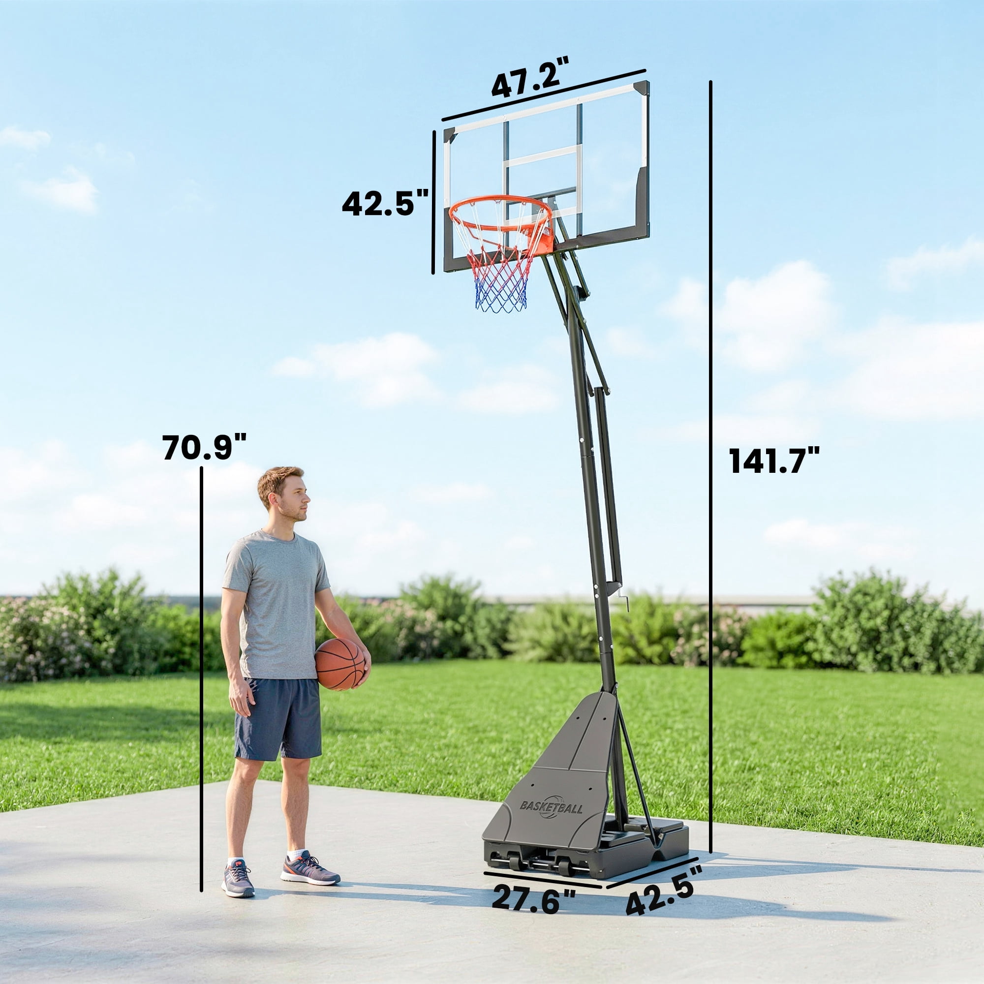 Soozier Basketball Hoop Outdoor Portable, 8-10ft Adjustable Basketball Goal, 47 Inch Shatterproof Backboard w/Shock Absorbent Rim, Hand-Crank Lift