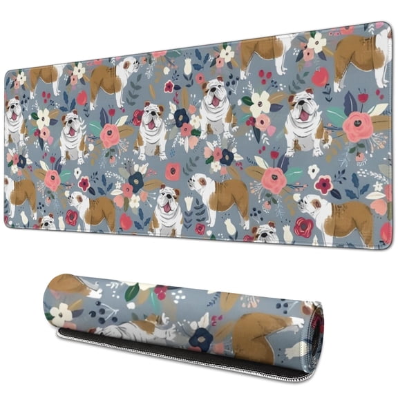Long Mouse Pads for Desk,Bulldog Dog and Flower Florals Desk Mats on Top Of Desks, Desk Mouse Pad Extra Large with 3mm Non-Slip Base and Stitched Edge for Gaming,Office,Work,Home 31.5"x11.8"