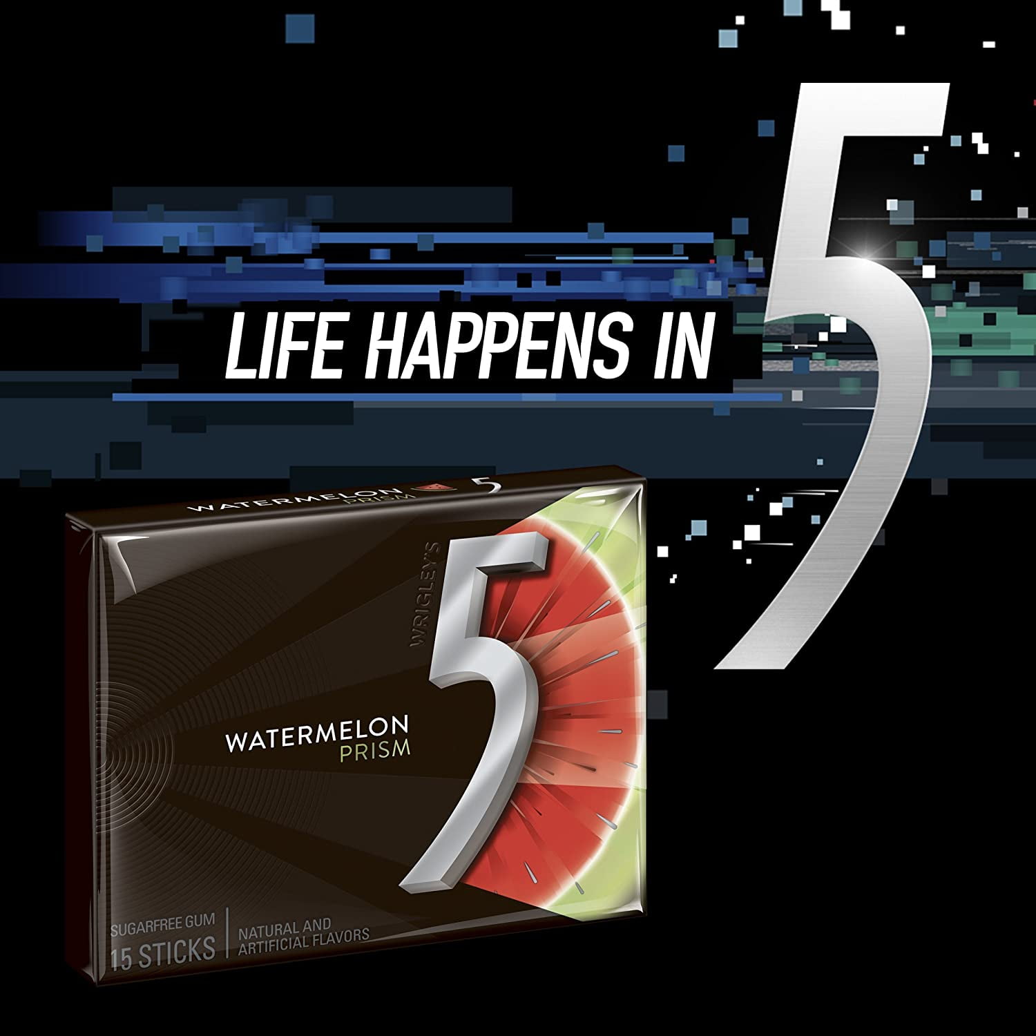 5 GUM Watermelon Prism Sugar Free Chewing Gum, 15 pieces (10 pack)