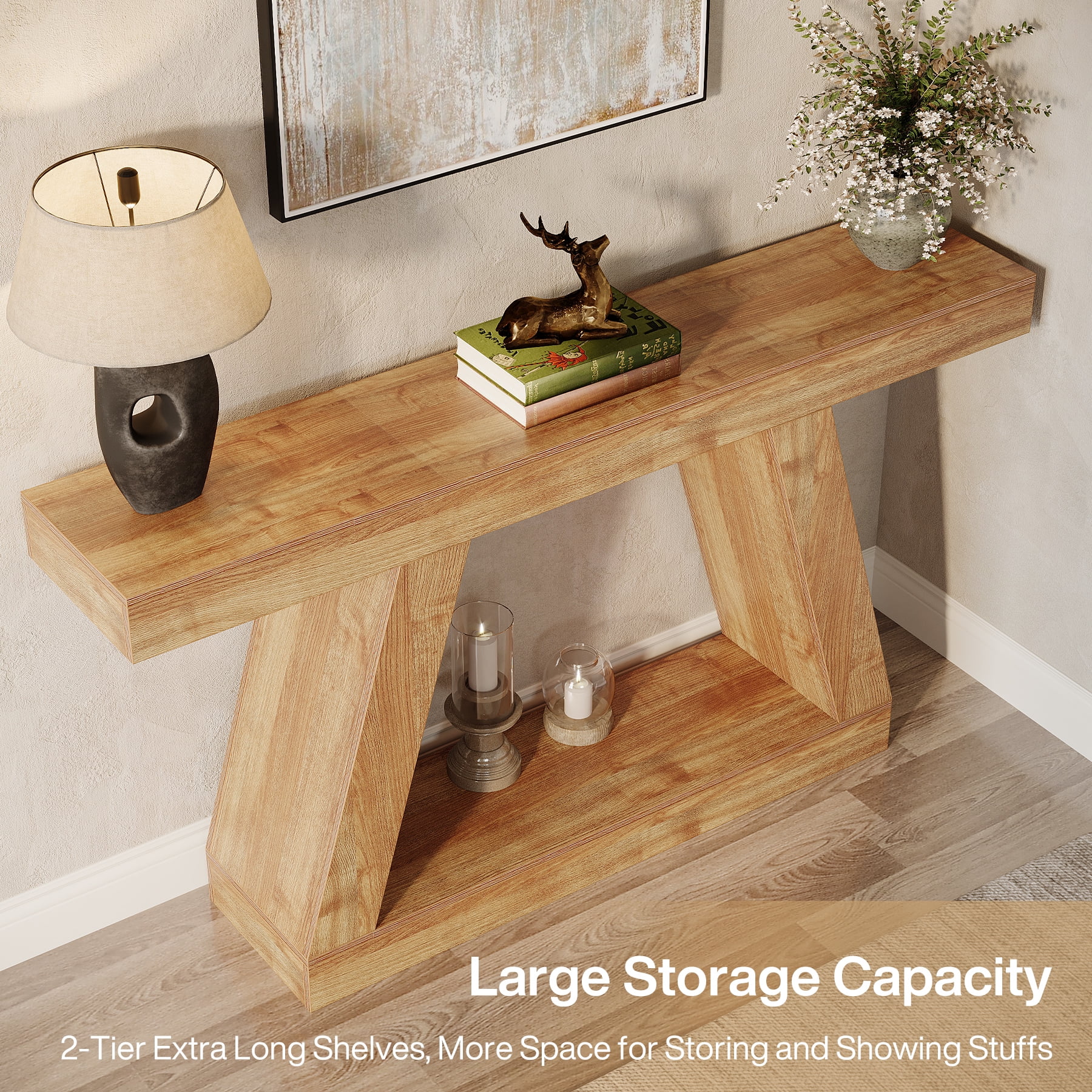Finmind 55-Inch Farmhouse Console Table，2-Tier Wooden Entryway Table for Hallway, Natural