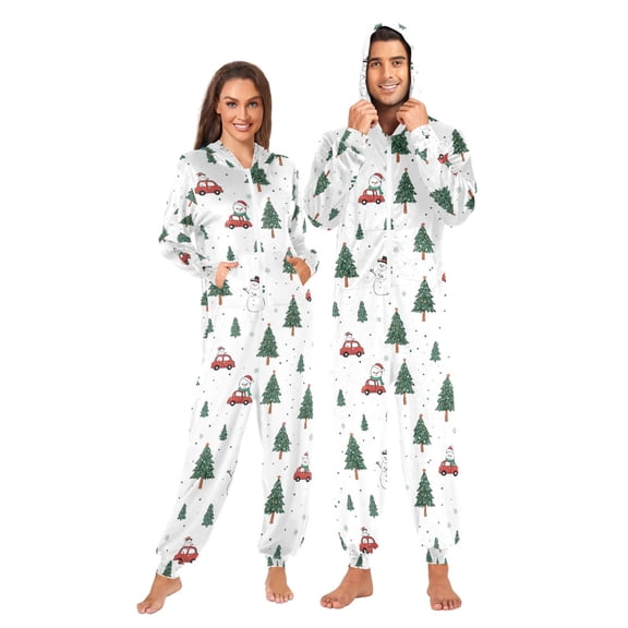 Adult Christmas Onesie There Are Snowmen A Red Car and Green Trees Zipper One-Piece Pajamas Unisex with Pockets