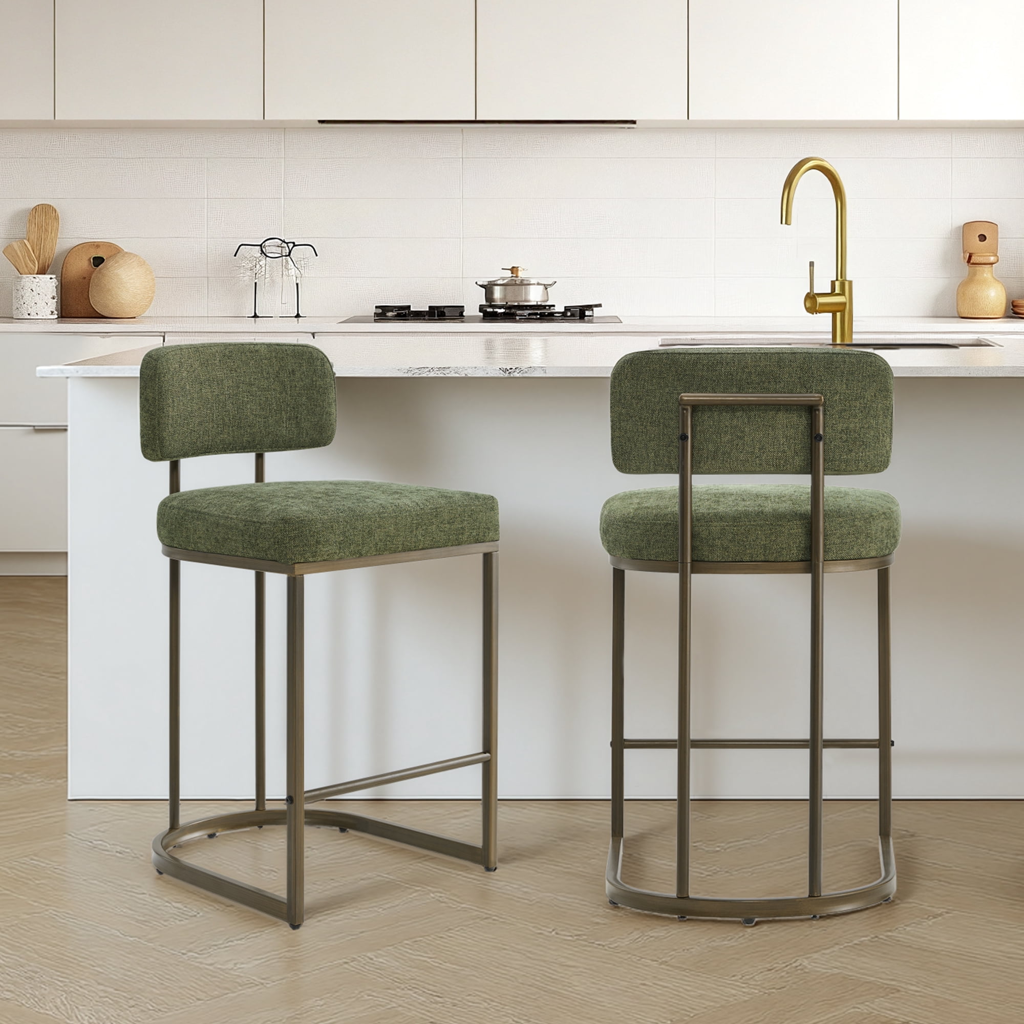 Spruce & Spring Modern 26-Inch Counter Bar Stool Set with Brass Frame Set of 3, Moss Green with Brass Frame