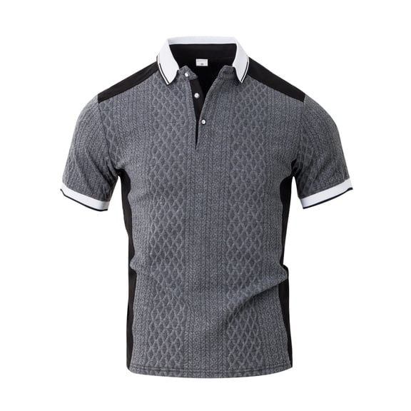 LWavelet Men's Short Sleeve Polo Shirt, Jacquard Textured Contrast Panel Collared Top for Casual & Streetwear Gray 2XL