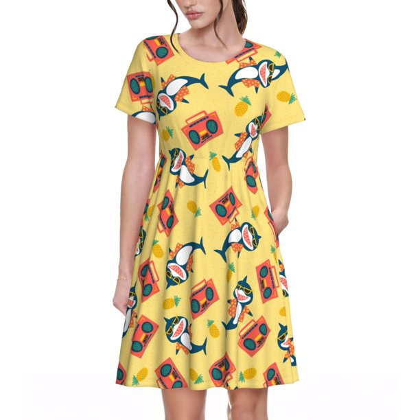 Easygdp Pineapples Sharks In Hawaiian para Vestido Transpirable de Mujer, Vestido Suelto de Manga Corta con Pliegues y Bolsillos para el Verano
