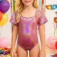 thumbnail image 2 of QUOTAY Girls Latin Dance Gymnastics Leotard Shiny Rhinestone Short Sleeve Unitard Performance Training for Competition Stage Shows Hot Pink,130, 2 of 4