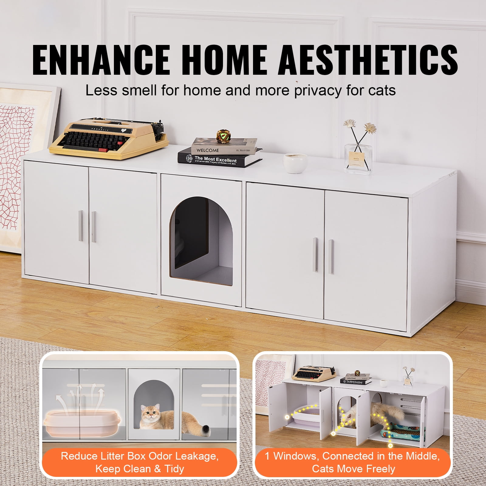 KFFKFF Dual Cat Litter Enclosure, Spacious Hidden Litter Cabinet for Multiple Cats, Wood Constructed Litter Box Cover, Dimensions: 57.9"L x 18.3"W x 17.9"H, in White