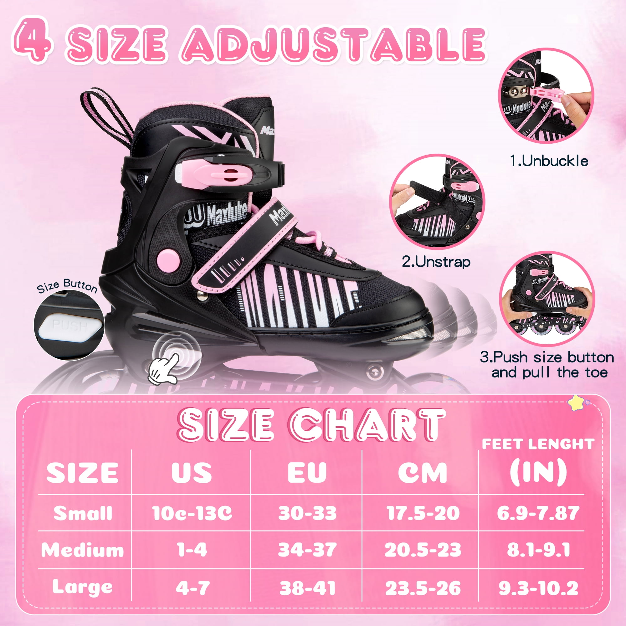 TaroKitc Adjustable Inline Skates with All Light Up Wheels for Kids, Girls and Boys, Size 10C-13C