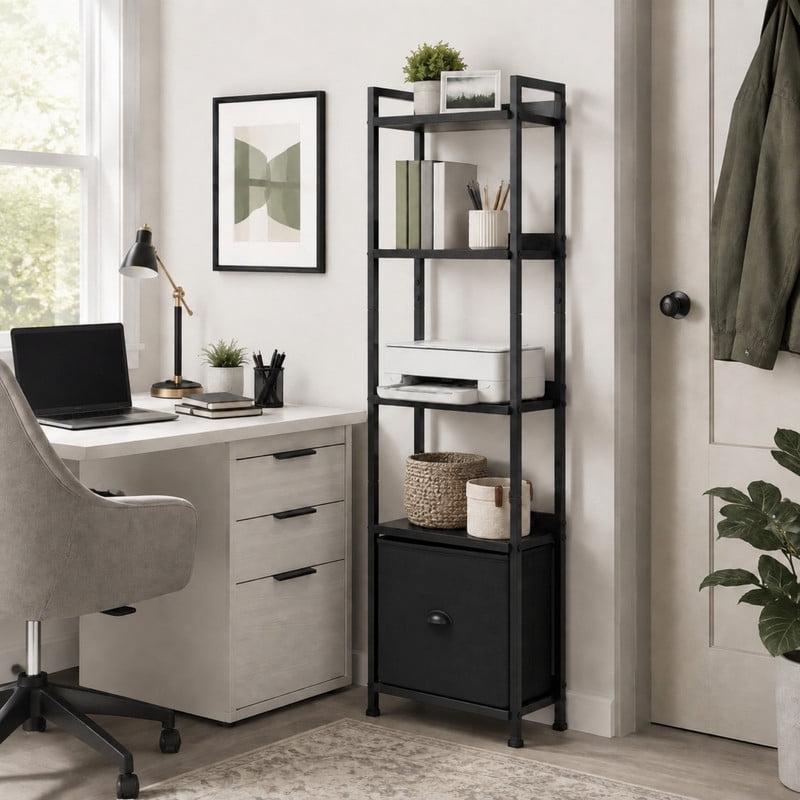 BEAUTYPEAK 5-Tier Bookshelf with Fabric Drawer 55" Tall Narrow Freestanding Display Shelf Metal Frame Bookcase, Black