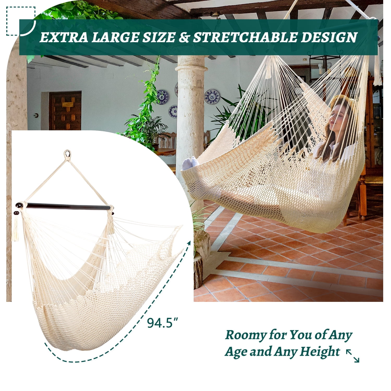 Bathonly Caribbean Hammock Swing Chair with Wood Spreader Bar, Outdoor Indoor, Max 330 lbs, Beige