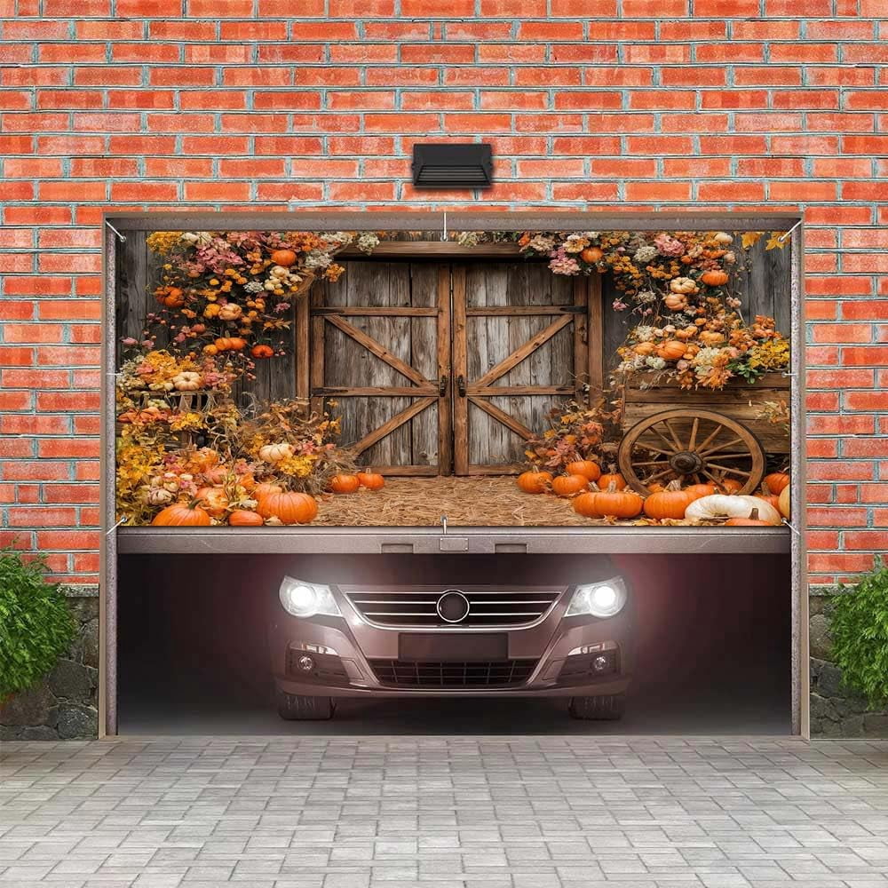 Thanksgiving Garagentor-Banner 2,4 X 4,8 M – Herbst-Deko Mit Scheune, Kürbissen, Ahornblättern