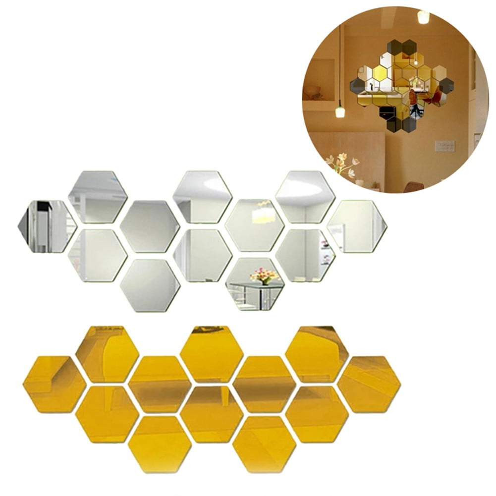 yaaqii 24pcs Golden Hexagon Mirror Wall Acrylic Self no glud Mosaic Tiles Stickers