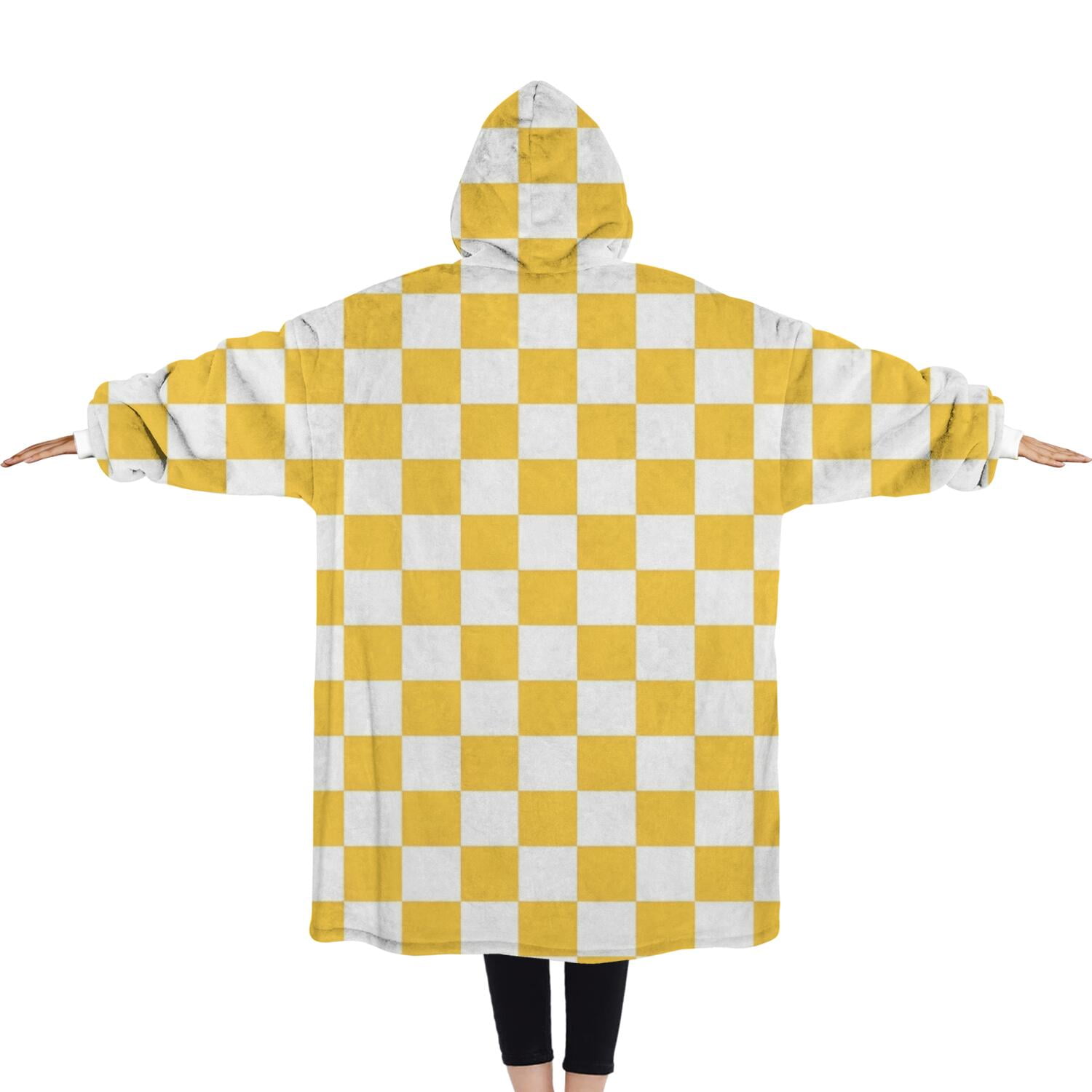 Oversized Wearable Blanket Hoodie,Yellow White Checkerboard Checkered Pattern Sherpa Blanket Hoodie with Super Pockets,Super Warm Fuzzy Pullover for Women & Men