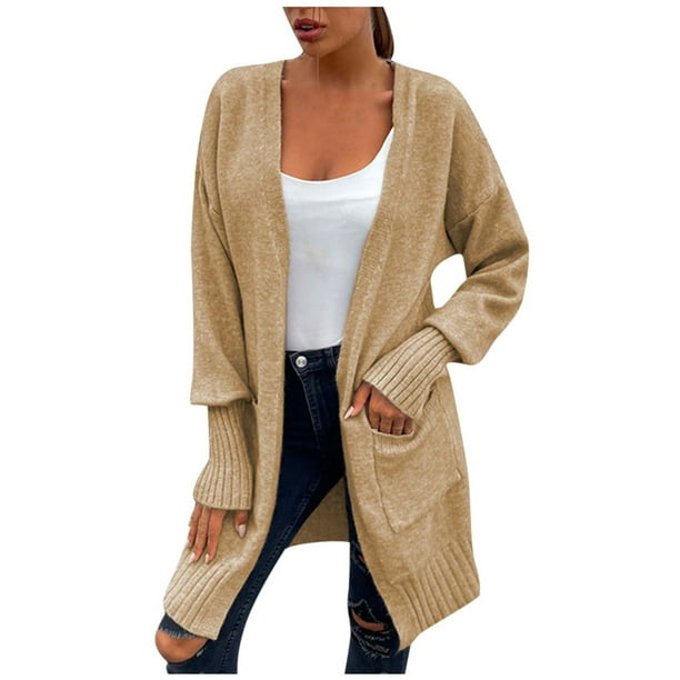 Pisexur Long Sleeve Cardigan for Women Solid Color Cardigan Wool Sweater Pocket Recreational Tops Casual Long Open Front Cardigan Sweaters
